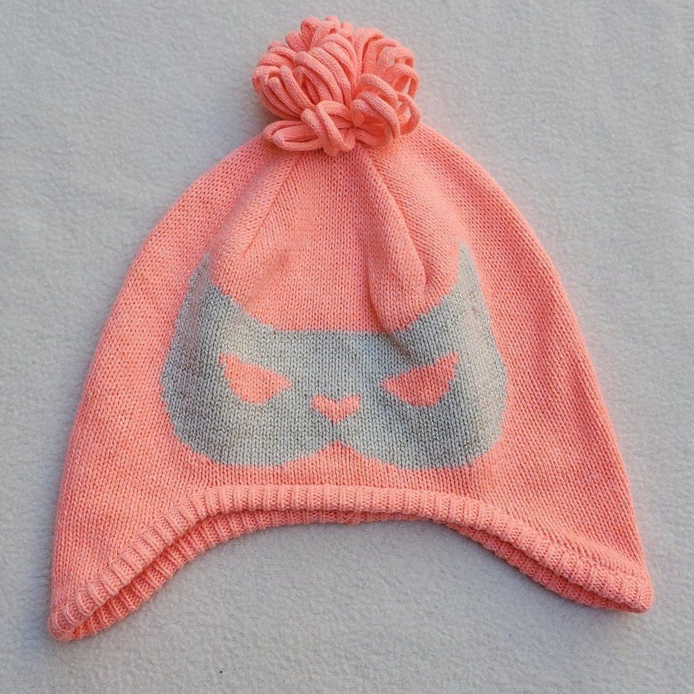Crazy 8 pink/peach knit pom pom beanie with shimmer silver cat mask